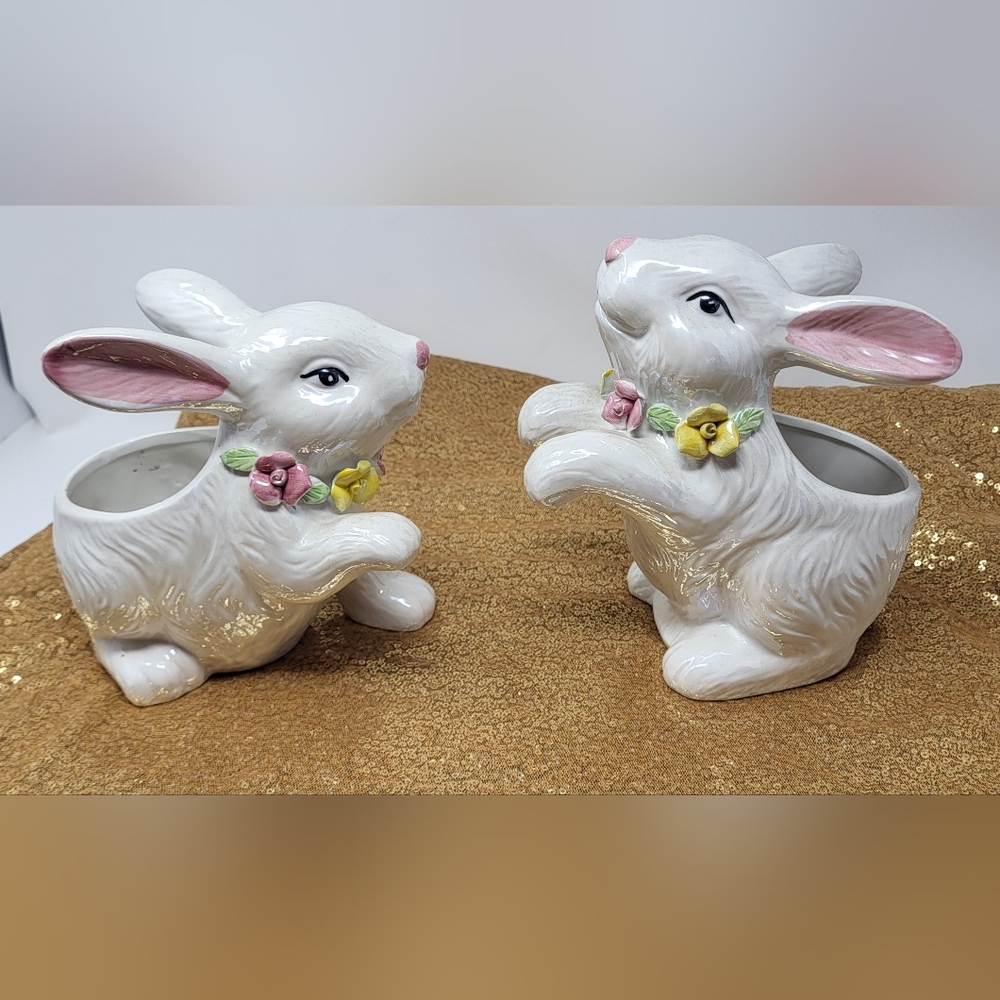 2 Playful Ceramic Bunny Planters by Bloom Rite Vintage Pink/Yellow  Flower Leis